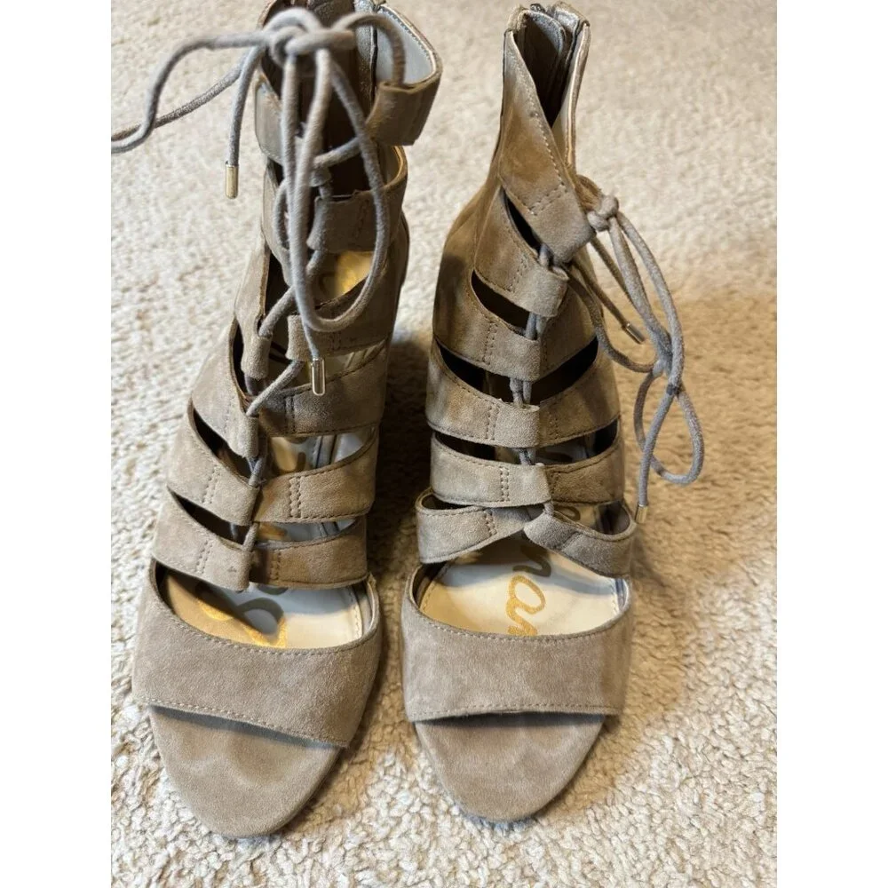 Sam Edelman Santina Neutral Suede Beige Caged Lace Wedge Womens Shoes Size 7.5